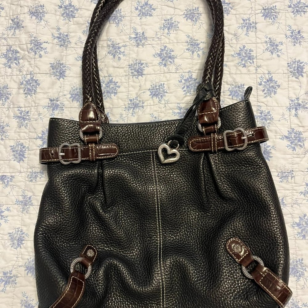Brighton handbag black with brown straps and tan interior - accents are silver